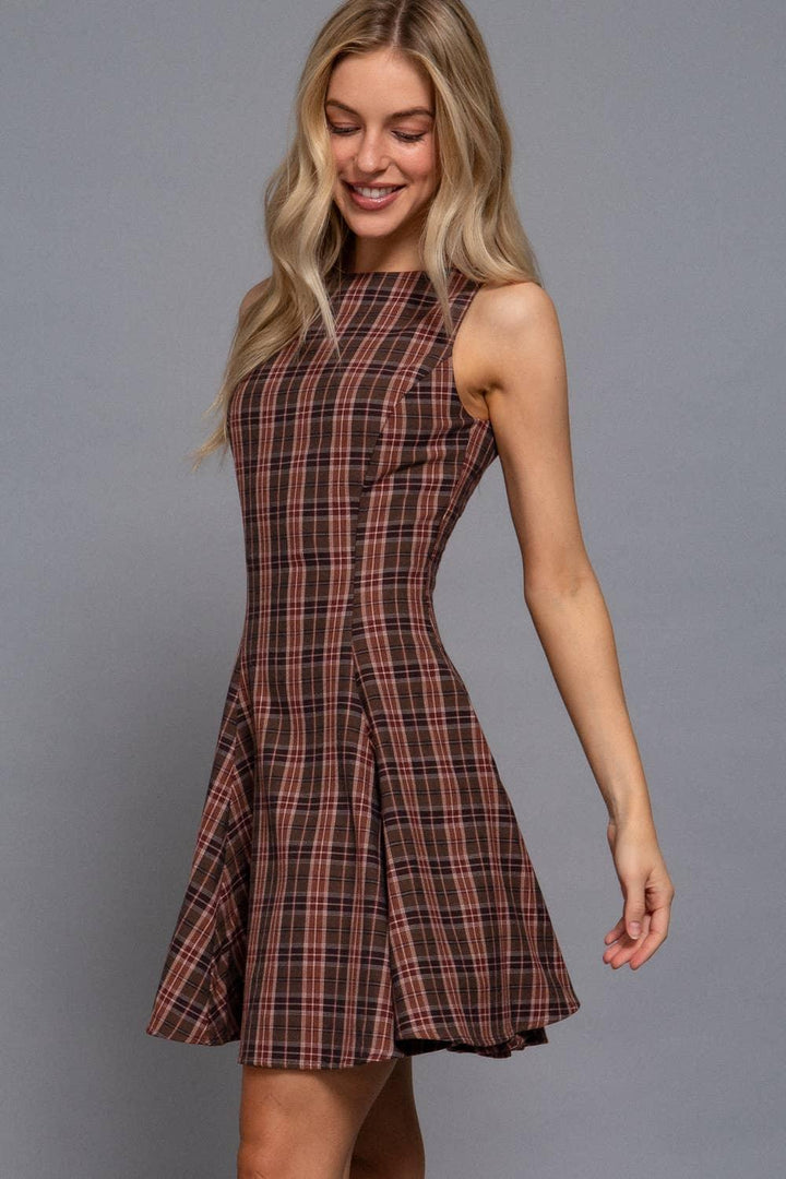 Women's Dresses - Sleeveless Boat Neck Swing Plaid Woven Mini Dress - - Cultured Cloths Apparel