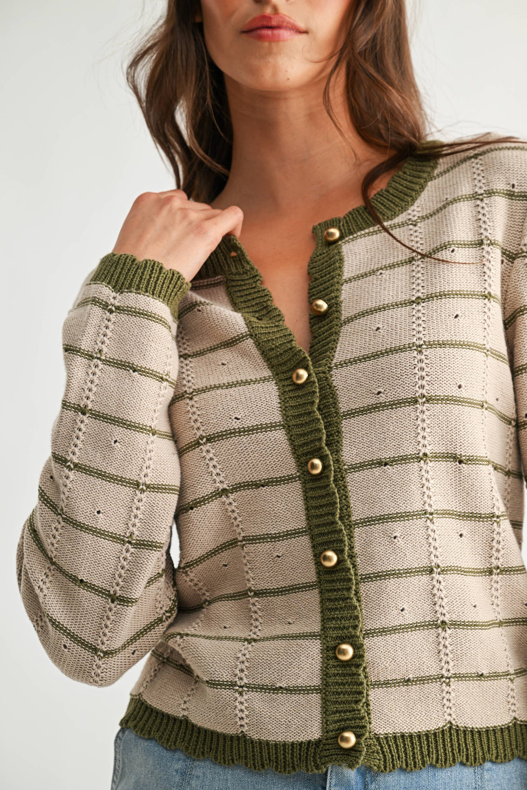 Olive Trim Button-Up Cardigan