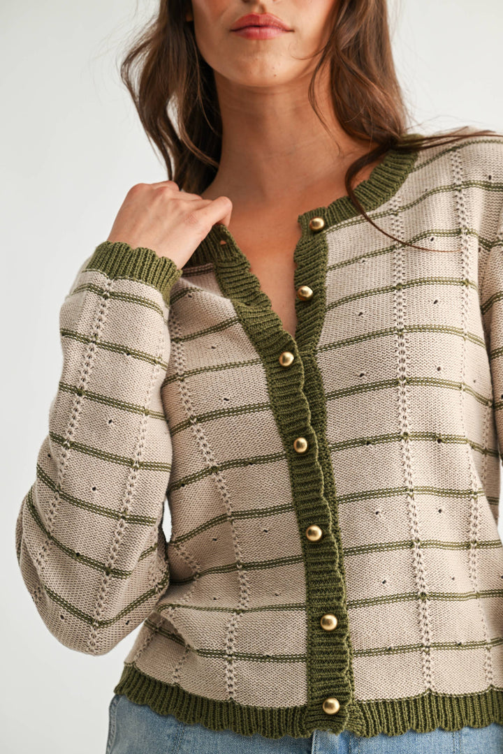 Olive Trim Button-Up Cardigan