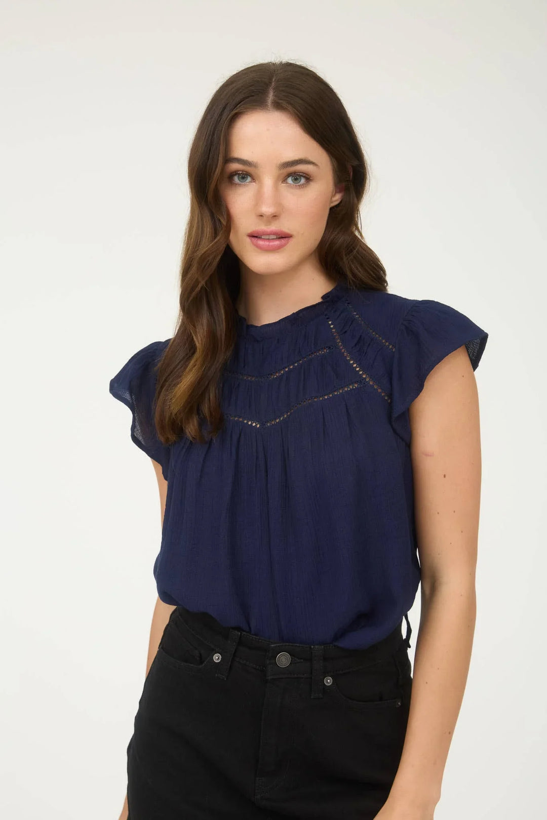 Women's Short Sleeve - LINE LACE TRIM RUFFLE DETAIL SHORT SLEEVE BLOUSE - - Cultured Cloths Apparel