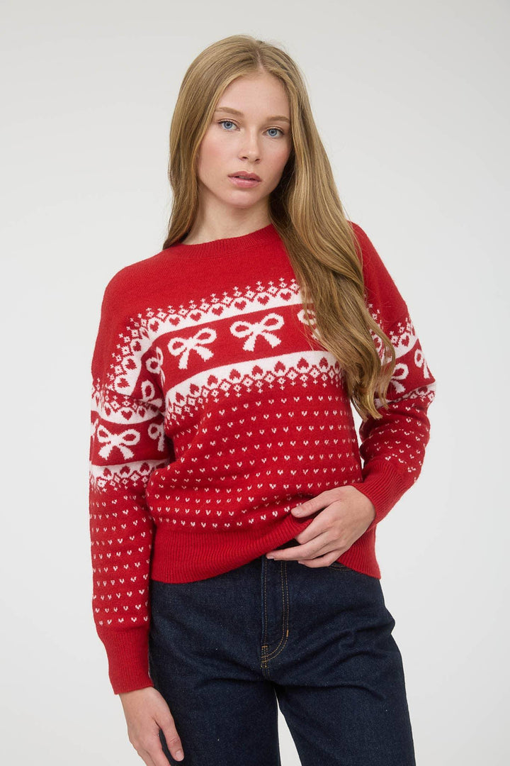 BOW AND HEART JACQUARD KNIT PULLOVER SWEATER