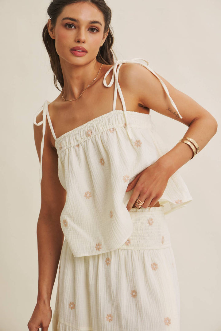 Women's Sleeveless - SUNSET FIELD EMBROIDERED COTTON GAUZE TANK WITH TIE STRAPS - - Cultured Cloths Apparel