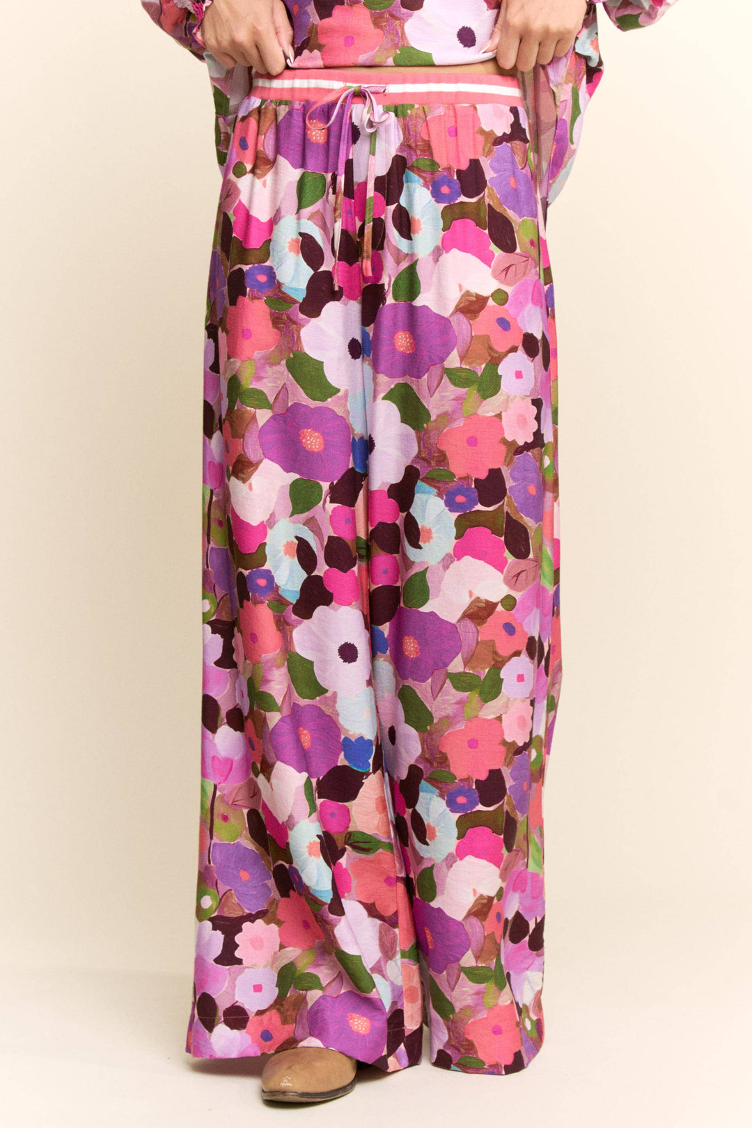 Pants - BERRY FLORAL PRINT WIDE-LEG PANTS WITH DRAWSTRING WAIST - - Cultured Cloths Apparel