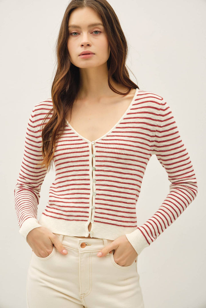 STRIPE CROPPED VNECK CARDIGAN