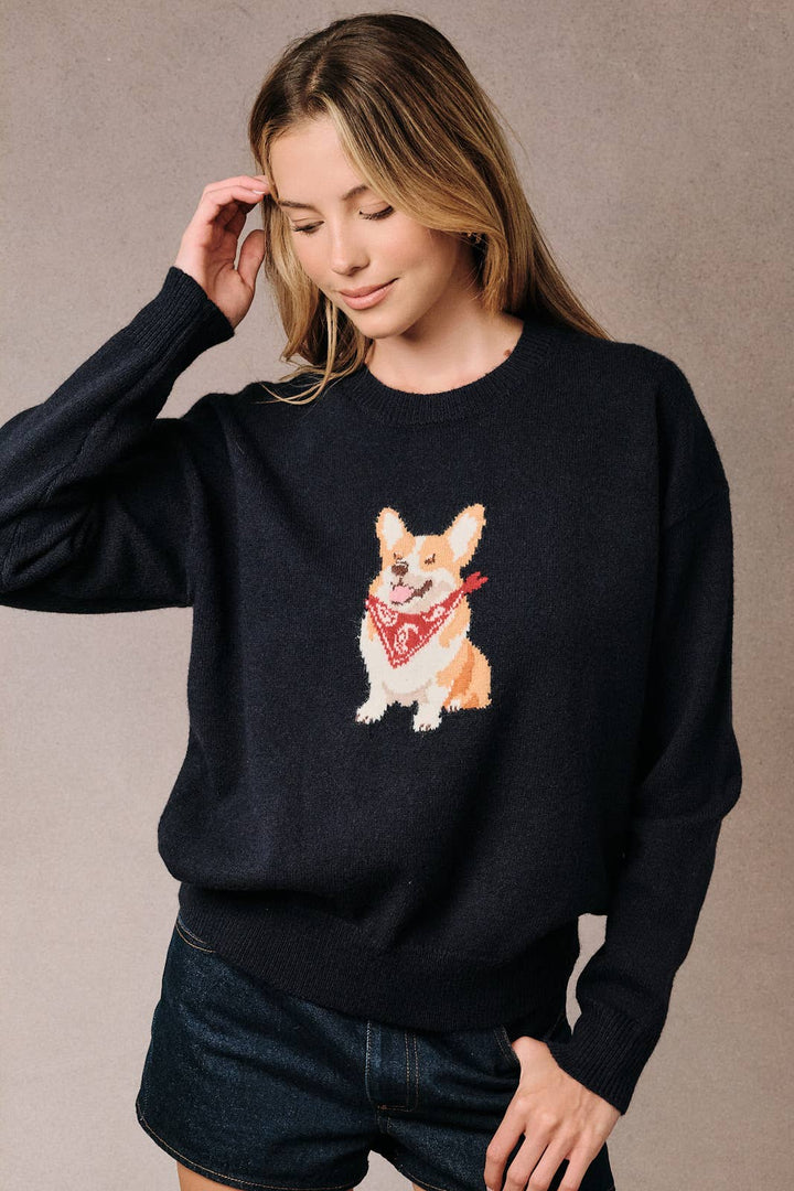 Round Neck Paisley Dog Graphic Long Sleeve Knit Sweater