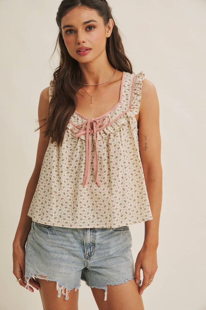 Women's Sleeveless - ANTIQUE MEADOW CONTRAST BINDING FLORAL RUFFLED BLOUSE TOP - DUSTY PINK - Cultured Cloths Apparel