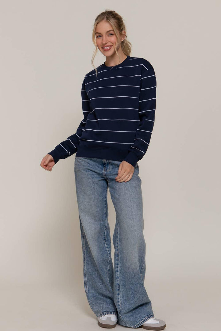 Women's Sweaters - Long Sleeve Engineer Stripe Inner Fleece Sweatshirt - NAVY - Cultured Cloths Apparel