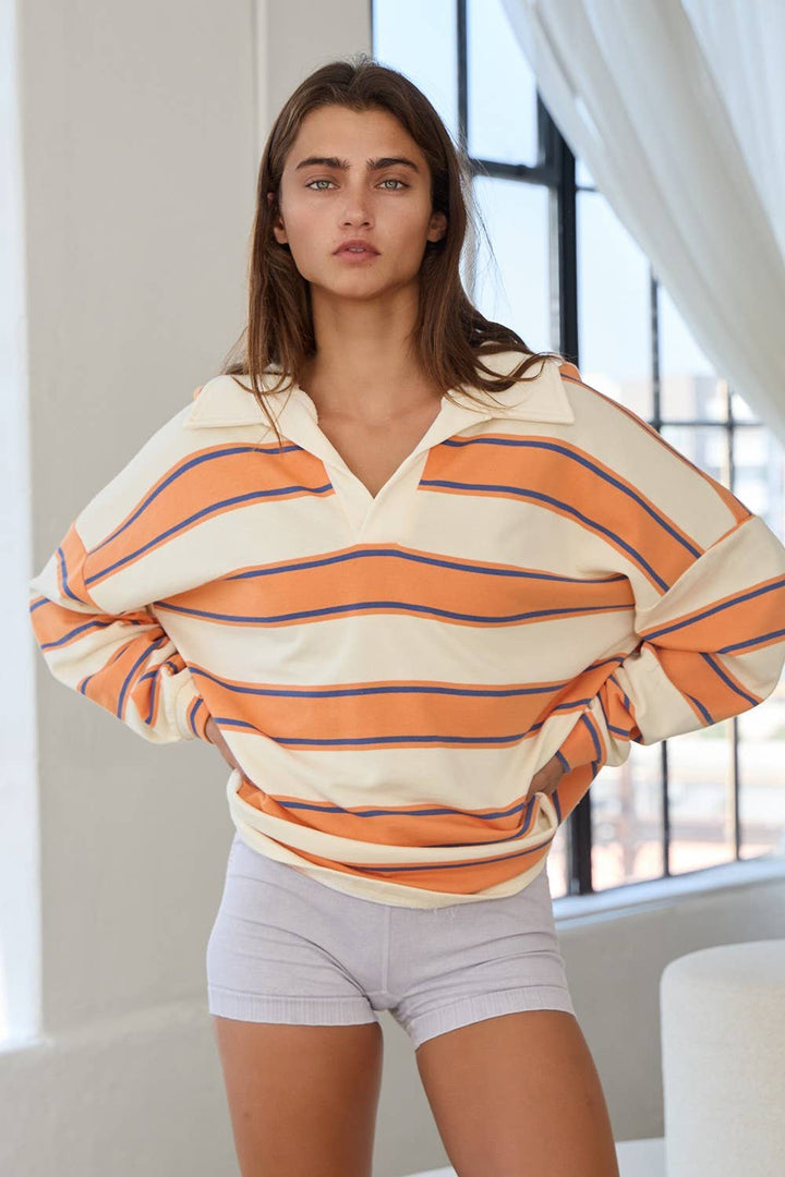 IT2417 Contrast Collared Neck Striped Polo Tunic Top