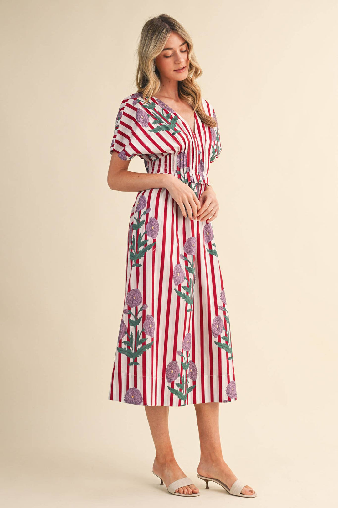 Dresses - STRIPED FLORAL PIN TUCK WAIST MIDI DRESS - - Cultured Cloths Apparel