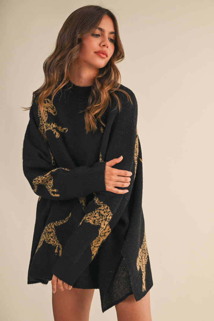 CHEETAH PRINT OVERSIZED MOCK NECK SWEATER TOP