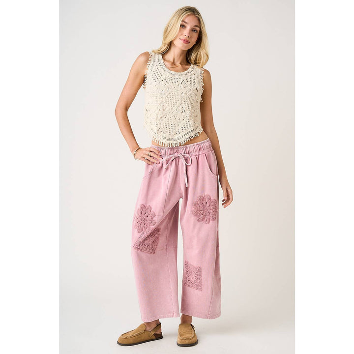 MINERAL WASH CROCHET PATCH BARREL LEG PANTS