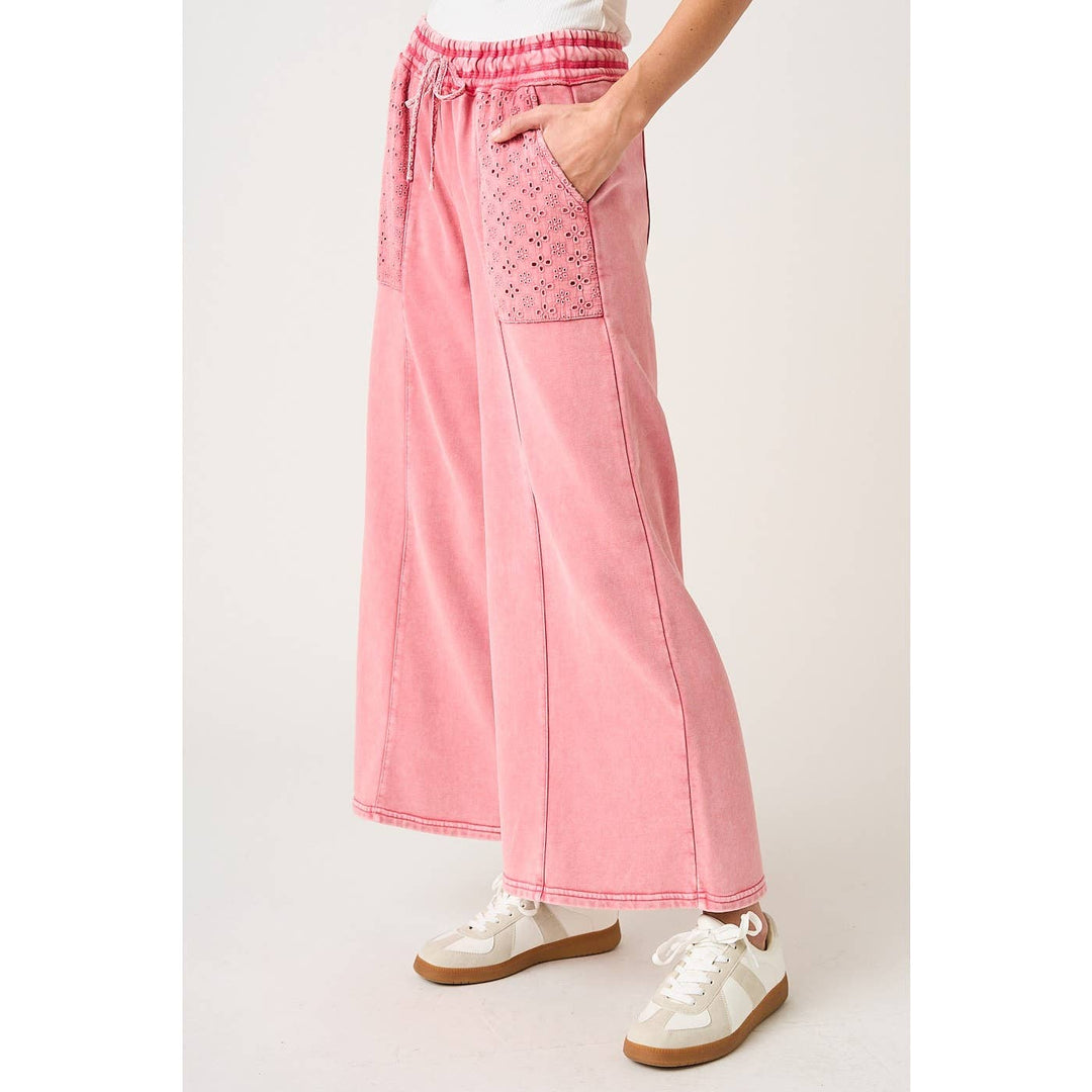 Pants - EYELET LACE POCKET MINERAL WASH WIDE LEG PANTS - - Cultured Cloths Apparel