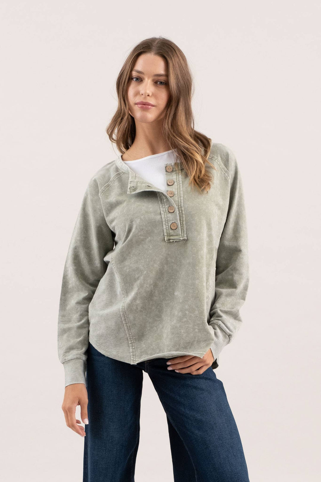 Women's Long Sleeve - WASHED HENLEY RAGLAN LONG SLEEVE KNIT TOP - - Cultured Cloths Apparel