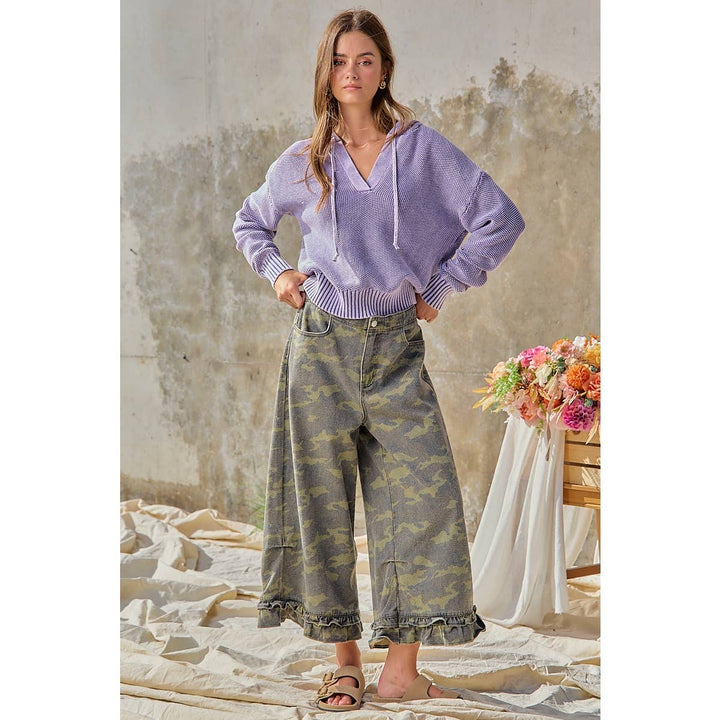 Pants - CAMOUFLAGE DENIM RUFFLED HEM MID RISE PANTS - - Cultured Cloths Apparel
