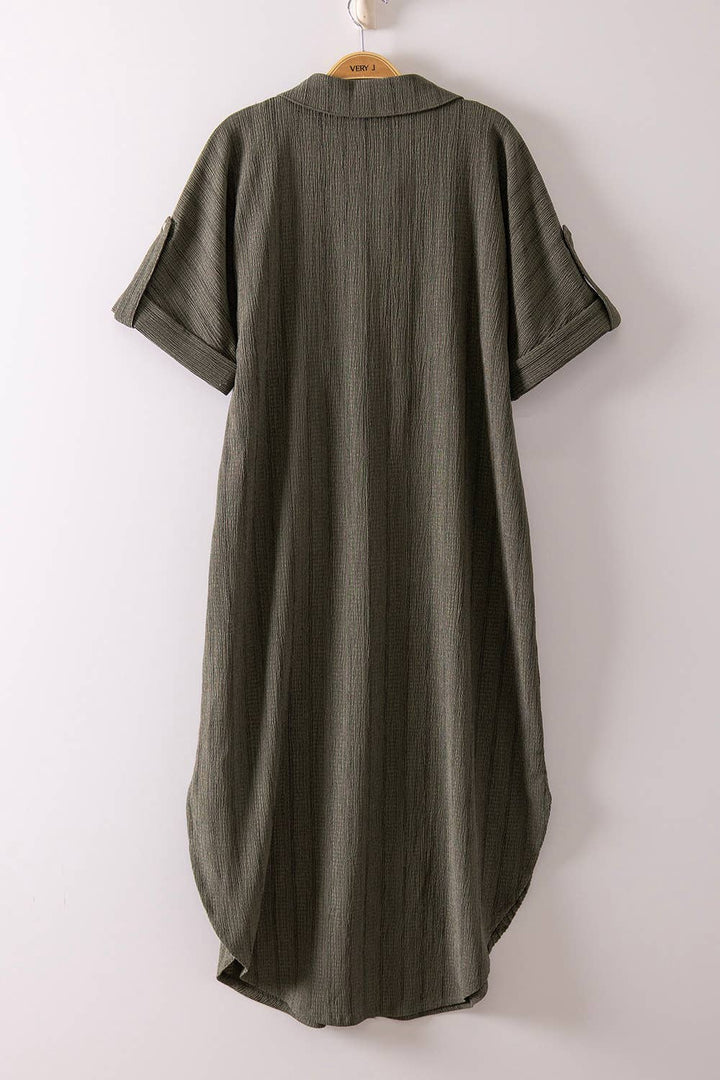 Dresses - Striped Linen Midi Button Down Shirt Dress - OLIVE - Cultured Cloths Apparel