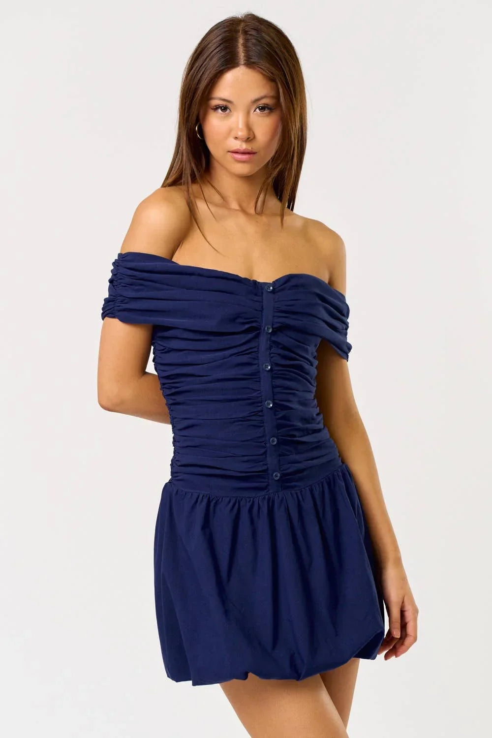 Women's Dresses - Off Shoulder Button Down Bubble Mini Dress - - Cultured Cloths Apparel