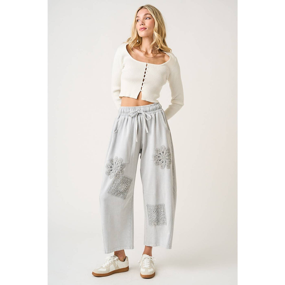MINERAL WASH CROCHET PATCH BARREL LEG PANTS