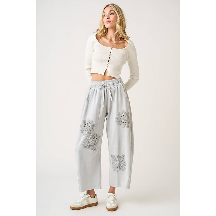 MINERAL WASH CROCHET PATCH BARREL LEG PANTS