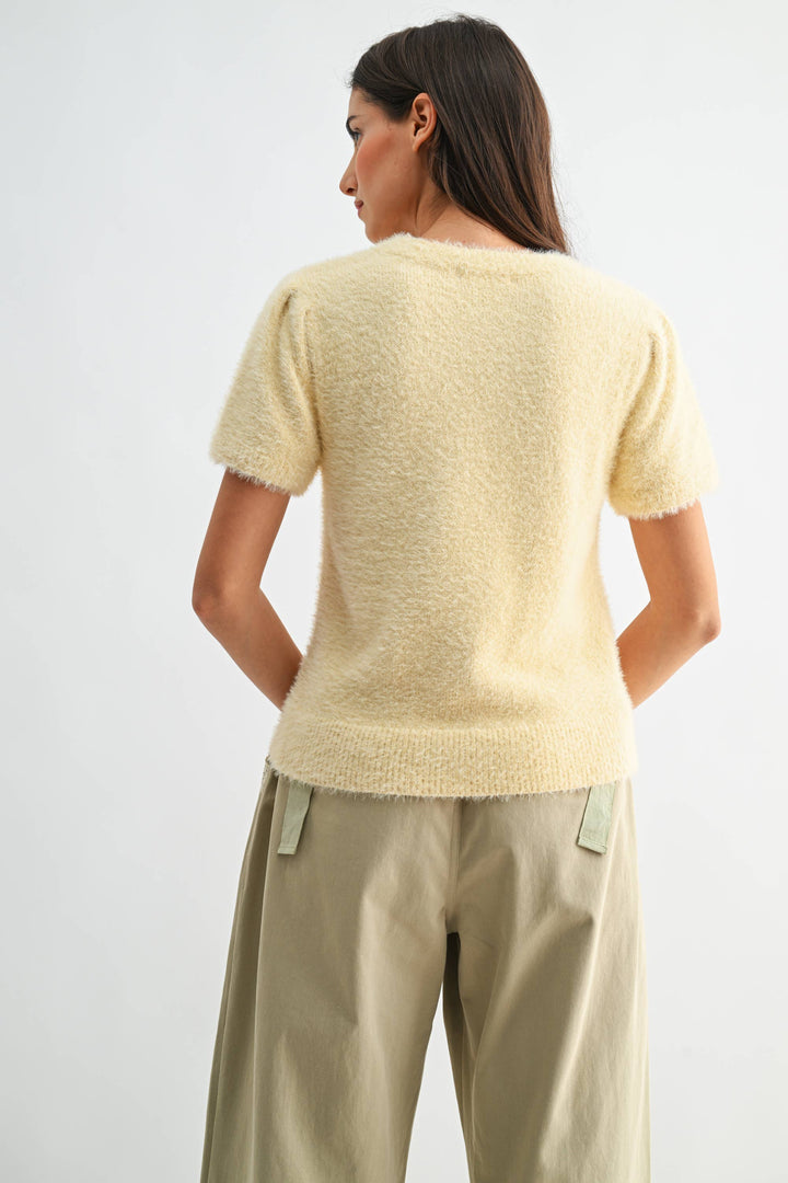 Women's Short Sleeve - Soft Pink Fuzzy Knit Short Sleeve Sweater Top - - Cultured Cloths Apparel