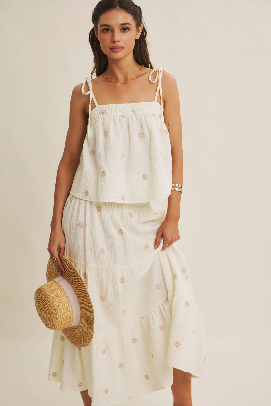 Women's Sleeveless - SUNSET FIELD EMBROIDERED COTTON GAUZE TANK WITH TIE STRAPS - - Cultured Cloths Apparel