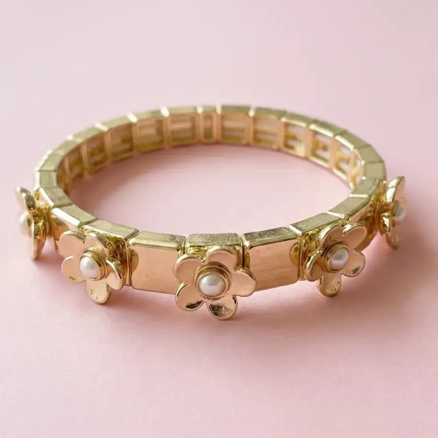 Accessories, Bracelets - Enamel Stretch Bracelet - Flowers - Poppy - Assorted Colors - Gold w/ Gold Flowers - Cultured Cloths Apparel