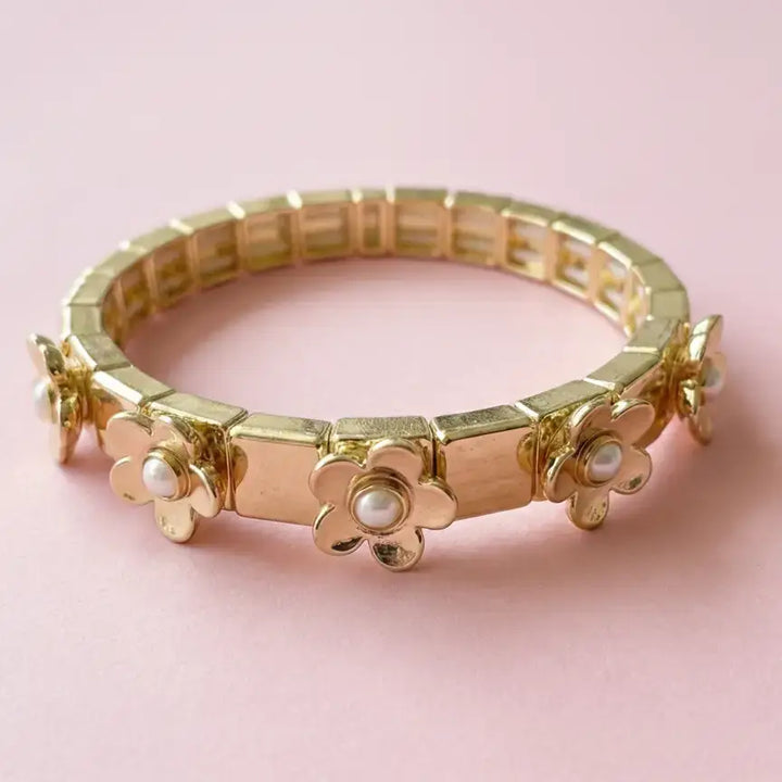 Accessories, Bracelets - Enamel Stretch Bracelet - Flowers - Poppy - Assorted Colors - Gold w/ Gold Flowers - Cultured Cloths Apparel
