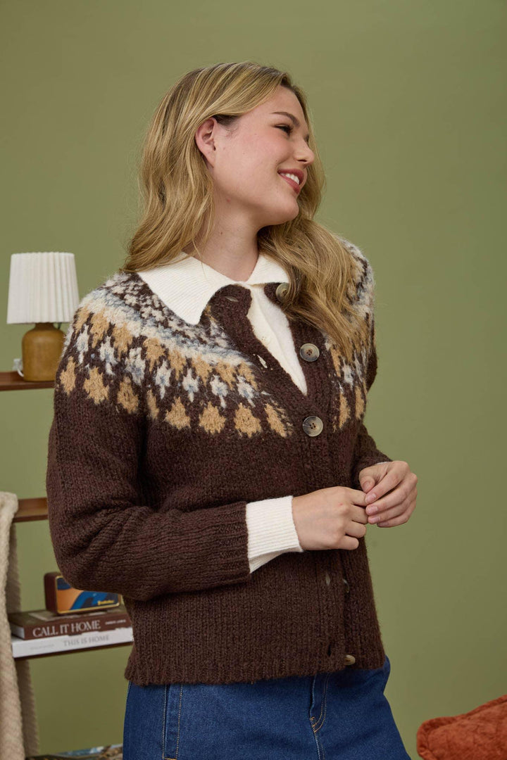 Women's Sweaters - FAIR ISLE PATTERN LONG SLEEVE KNIT CARDIGAN - - Cultured Cloths Apparel