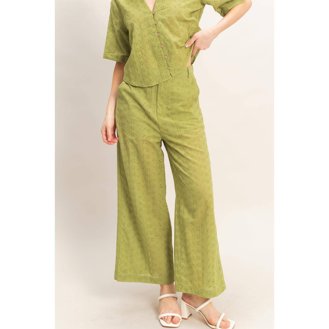 Olive Floral Eyelet Pants