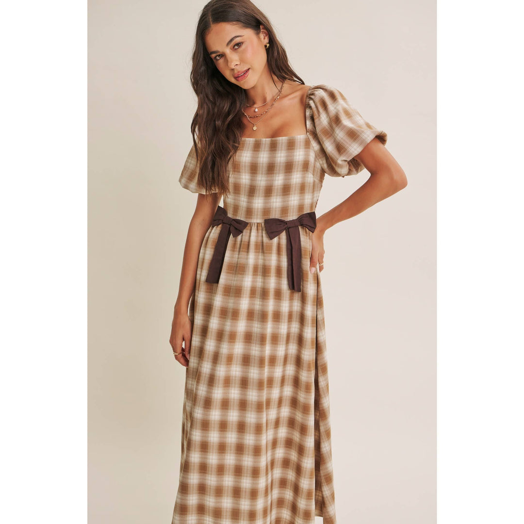 Women's Dresses - GOLDEN FIELD PLAID SMOCKED MIDI DRESS WITH CONTRAST BOW - - Cultured Cloths Apparel