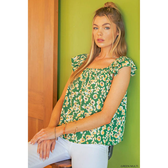 Women's Sleeveless - Peach Skin Floral Printed Square Neckline Top - GREEN MULTI - Cultured Cloths Apparel