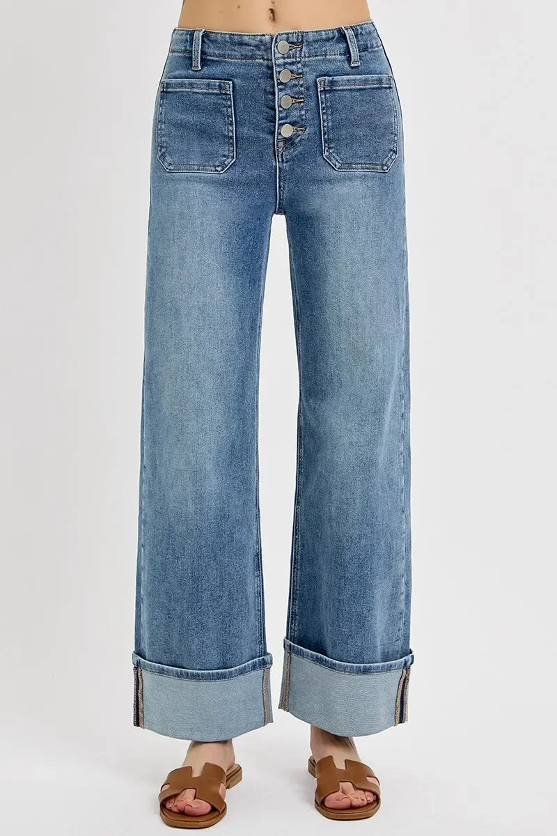 Denim - RISEN High Rise Ankle Wide Button Patch Pocket Cuffed Jeans - - Cultured Cloths Apparel