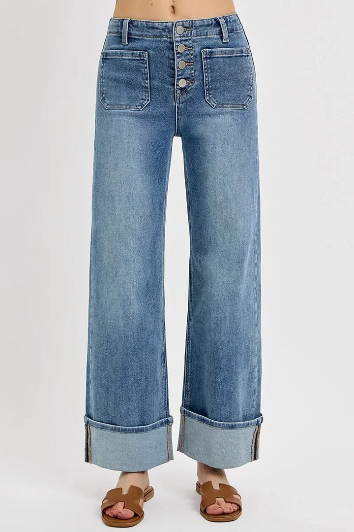 Denim - RISEN High Rise Ankle Wide Button Patch Pocket Cuffed Jeans - - Cultured Cloths Apparel