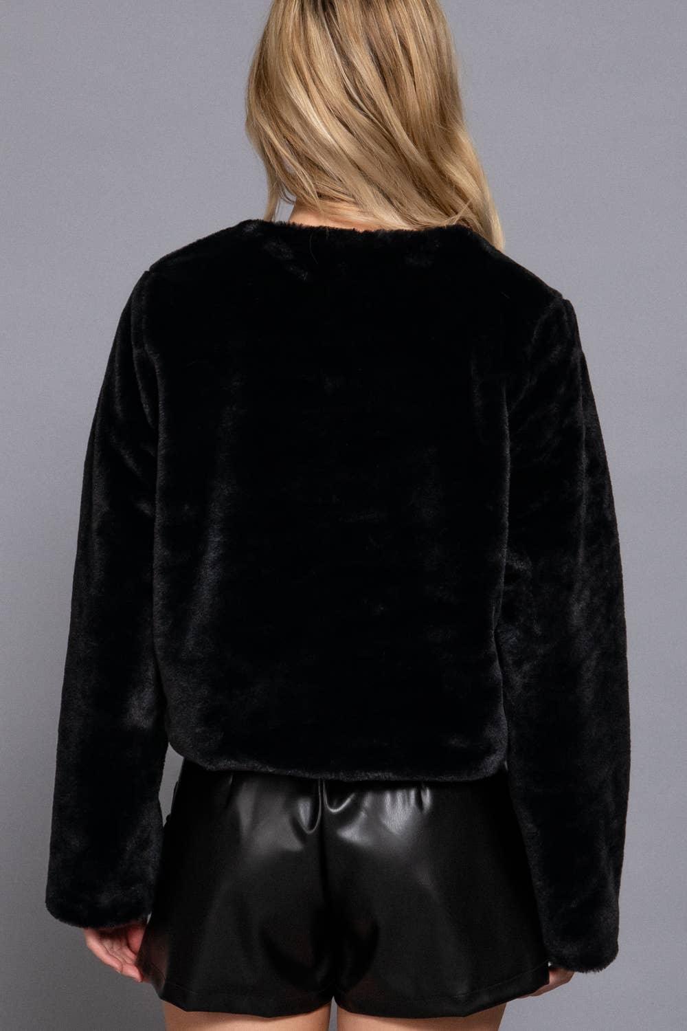 Outerwear - Long Sleeve Round Neck Faux Fur Crop Length Blazer - - Cultured Cloths Apparel