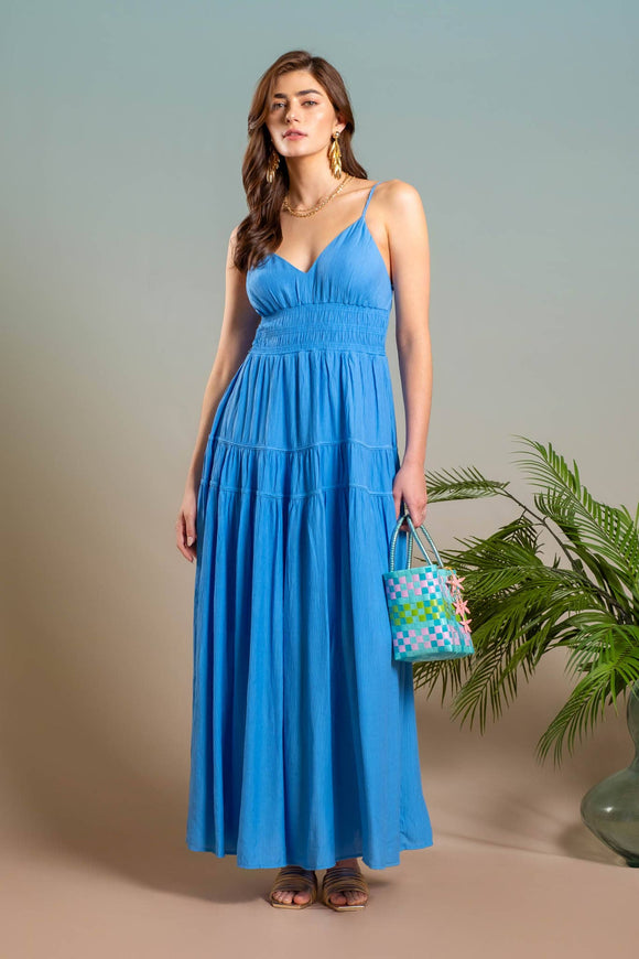 Women's Dresses - V NECK SHIRRED WAIST SLEEVELESS MIDI DRESS - BLUE - Cultured Cloths Apparel
