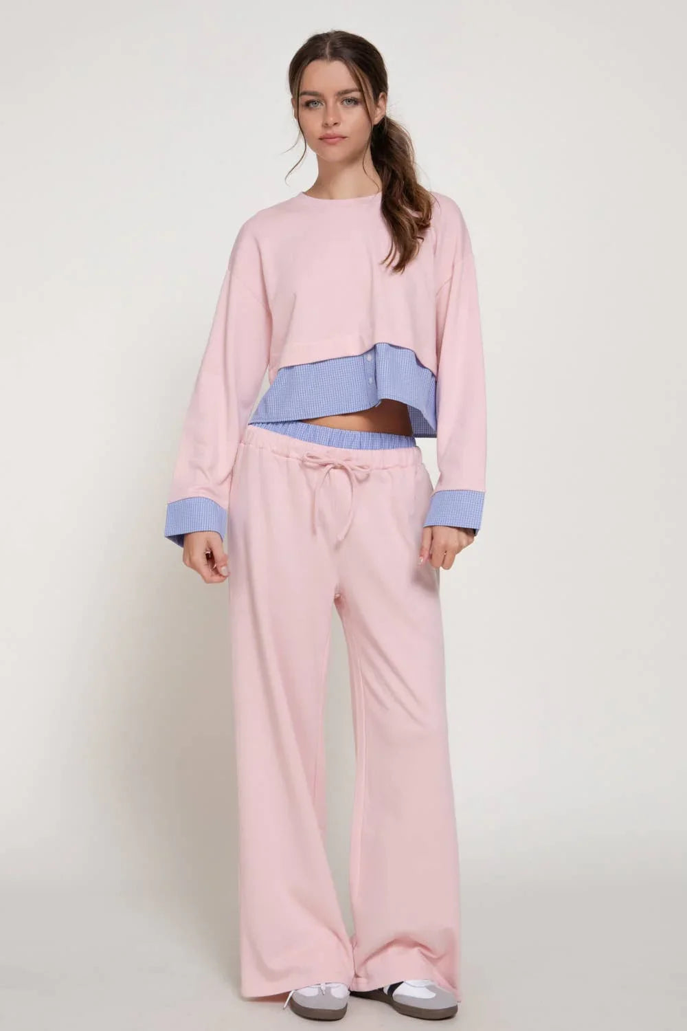 Elastic Waist Long Pants with Contrasting Check Panel