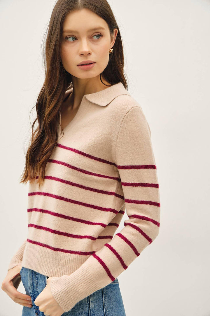 COLLARED V-NECK SWEATER WITH STRIPE