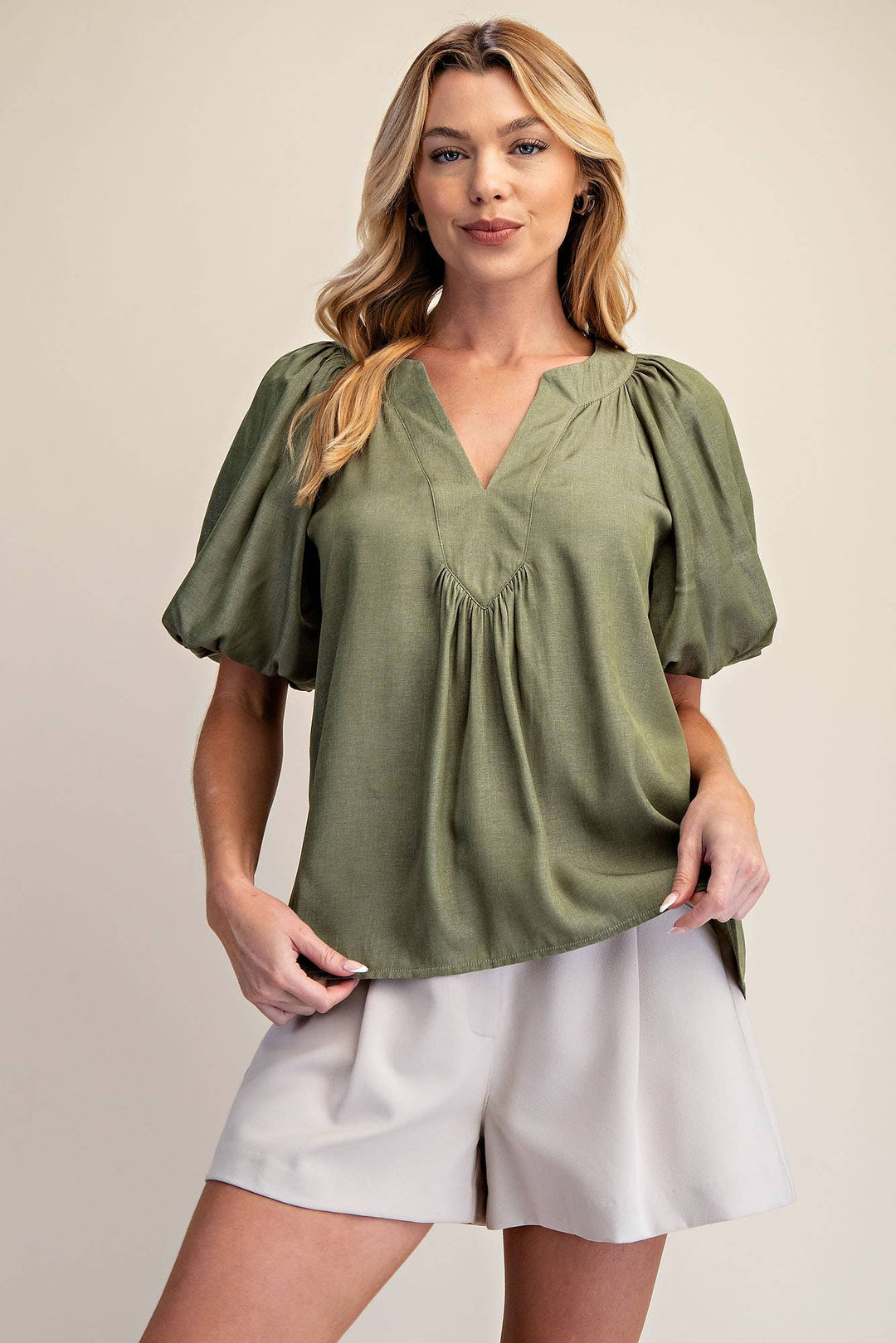 - V-Neck Placket Balloon Sleeve Top - - Cultured Cloths Apparel