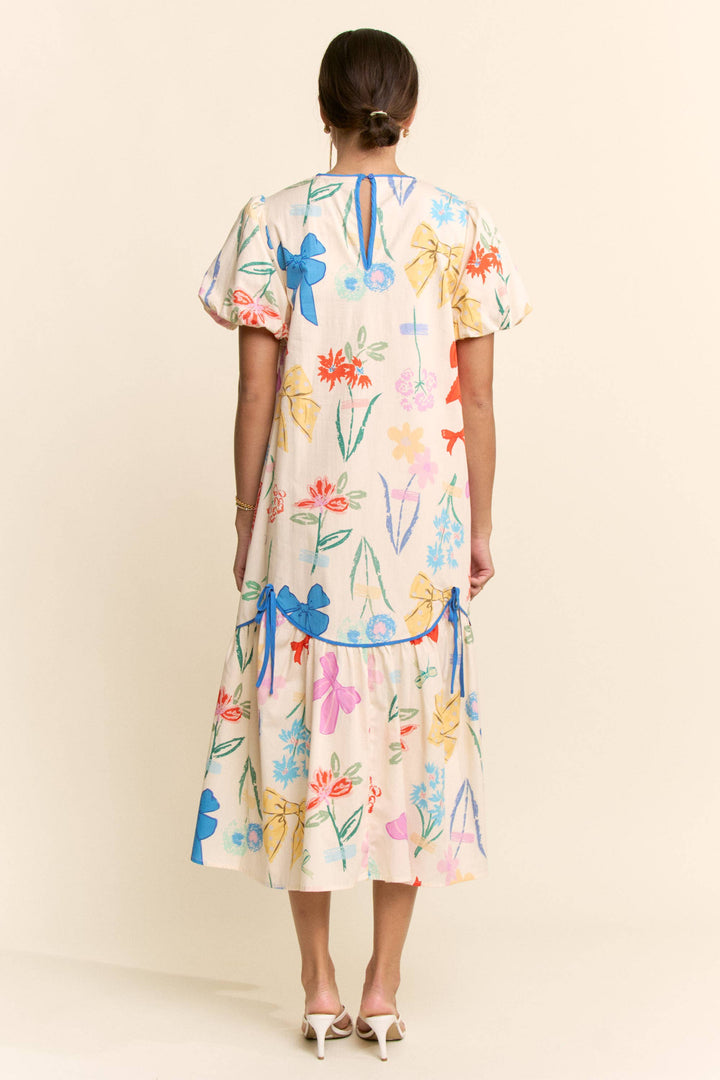 BOW FLOWER PRINTED BINDING DETAIL MIDI DRESS
