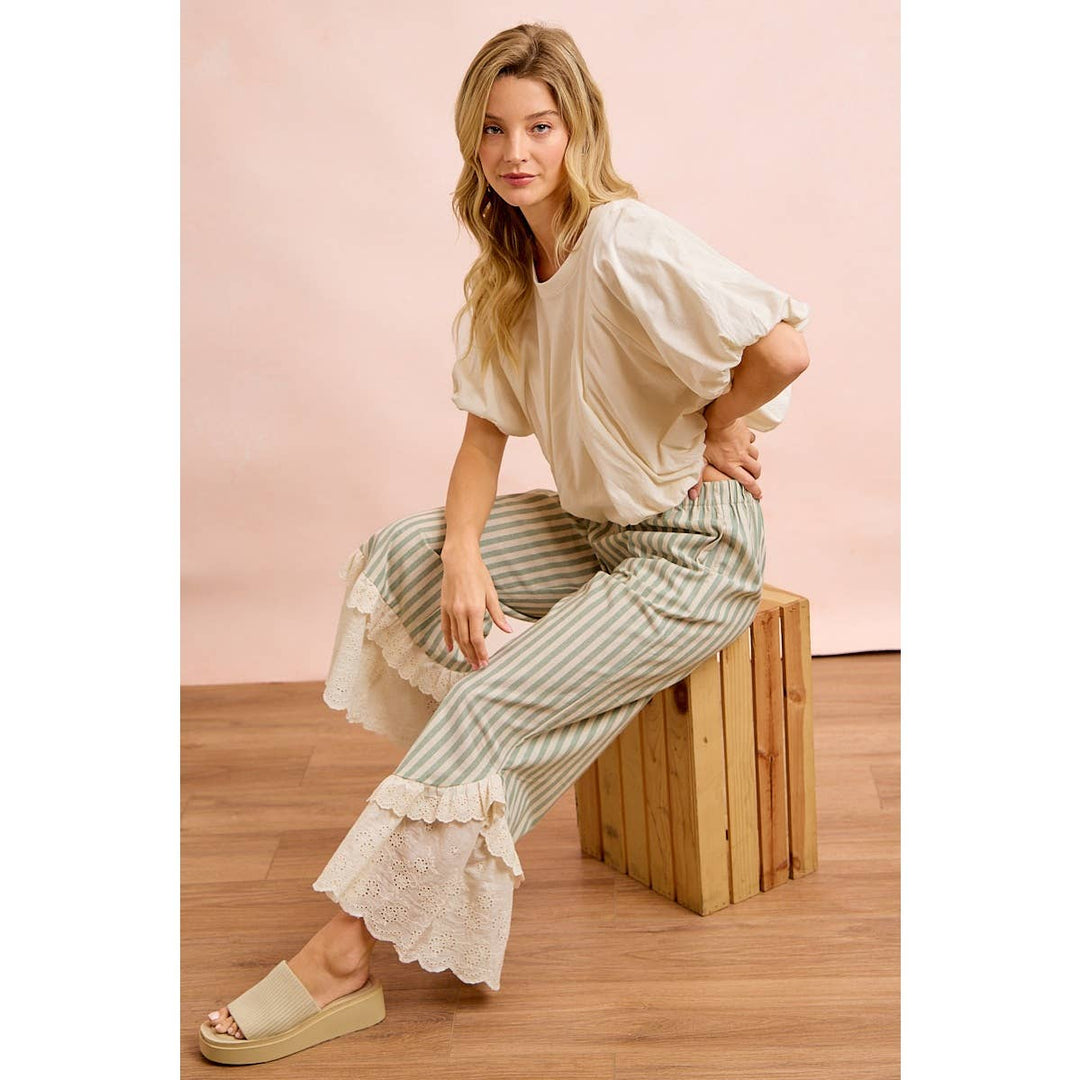 Pants - STRIPE WOVEN RUFFLED LACE HEM PANTS WITH SIDE POCKET - - Cultured Cloths Apparel