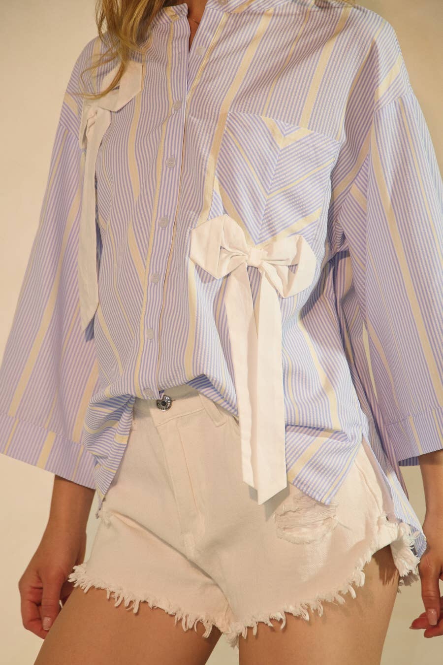 Women's Long Sleeve - Striped Bow Blouse - - Cultured Cloths Apparel