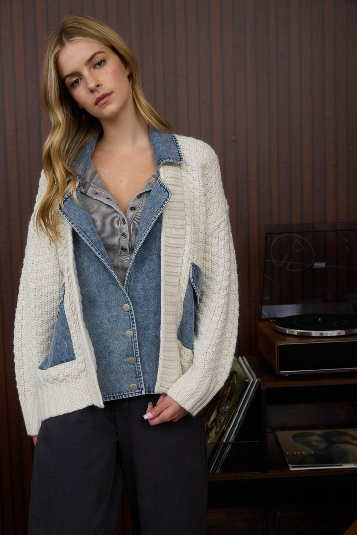 Outerwear - MIXED MEDIA CABLE KNIT DENIM TRIM JACKET - - Cultured Cloths Apparel