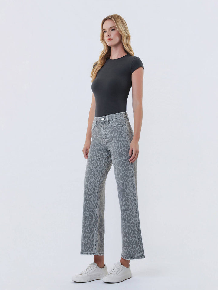 Denim - HIGH RISE GREY LEOPARD PRINT CROP WIDE LEG JEANS T7331GLP - - Cultured Cloths Apparel