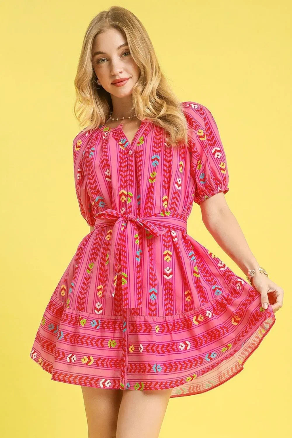 Women's Dresses - Umgee Printed Tie Waist Puff Short Sleeve Mini Dress - Hot Pink - Cultured Cloths Apparel