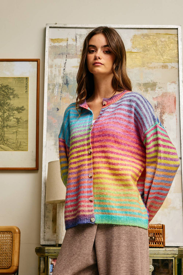 Cardigans - Space-Dye Striped Button-Down Cardigan - - Cultured Cloths Apparel