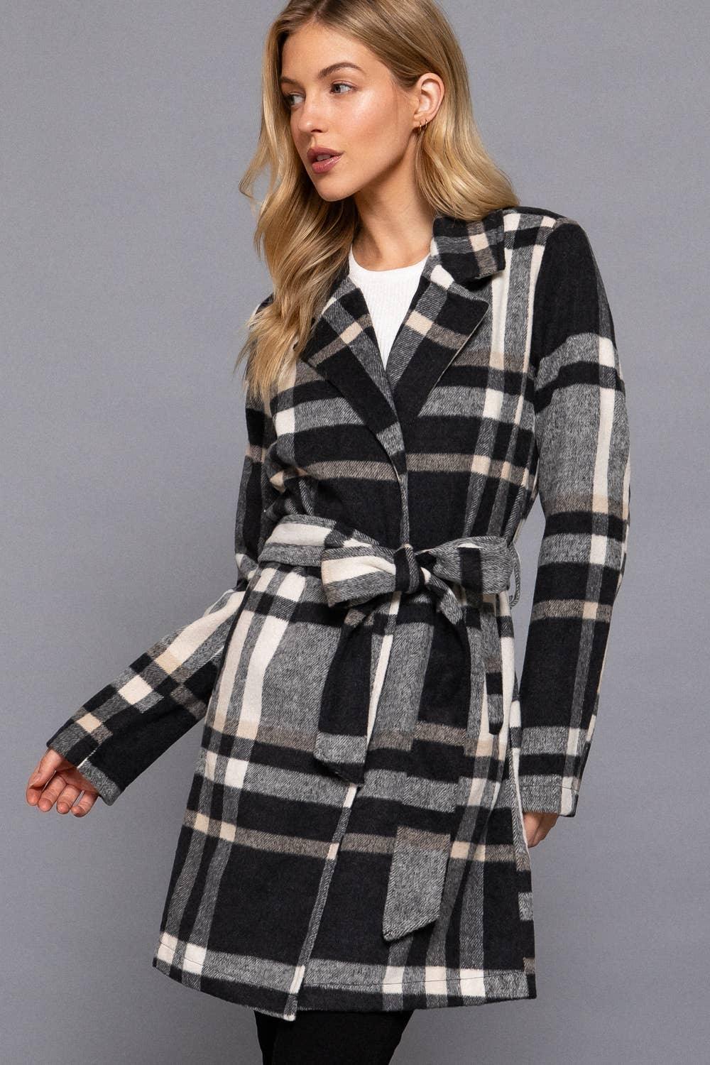 Outerwear - Long Sleeve Notched Collar with Waist Belt Plaid Jacket - BLACK/TAUPE - Cultured Cloths Apparel