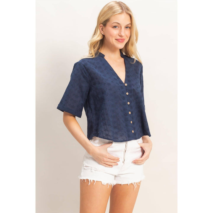 Olive Floral Eyelet Mandarin Collar Top