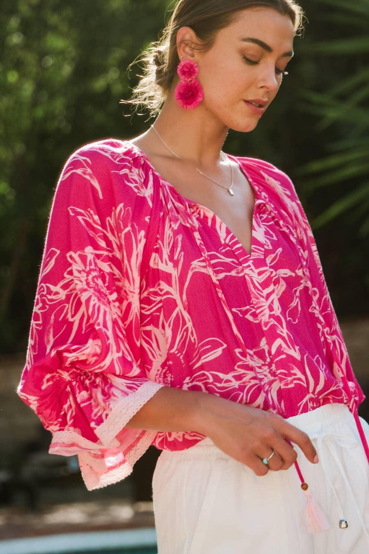 Women's 3/4 Sleeve - Floral Printed Blouse - - Cultured Cloths Apparel