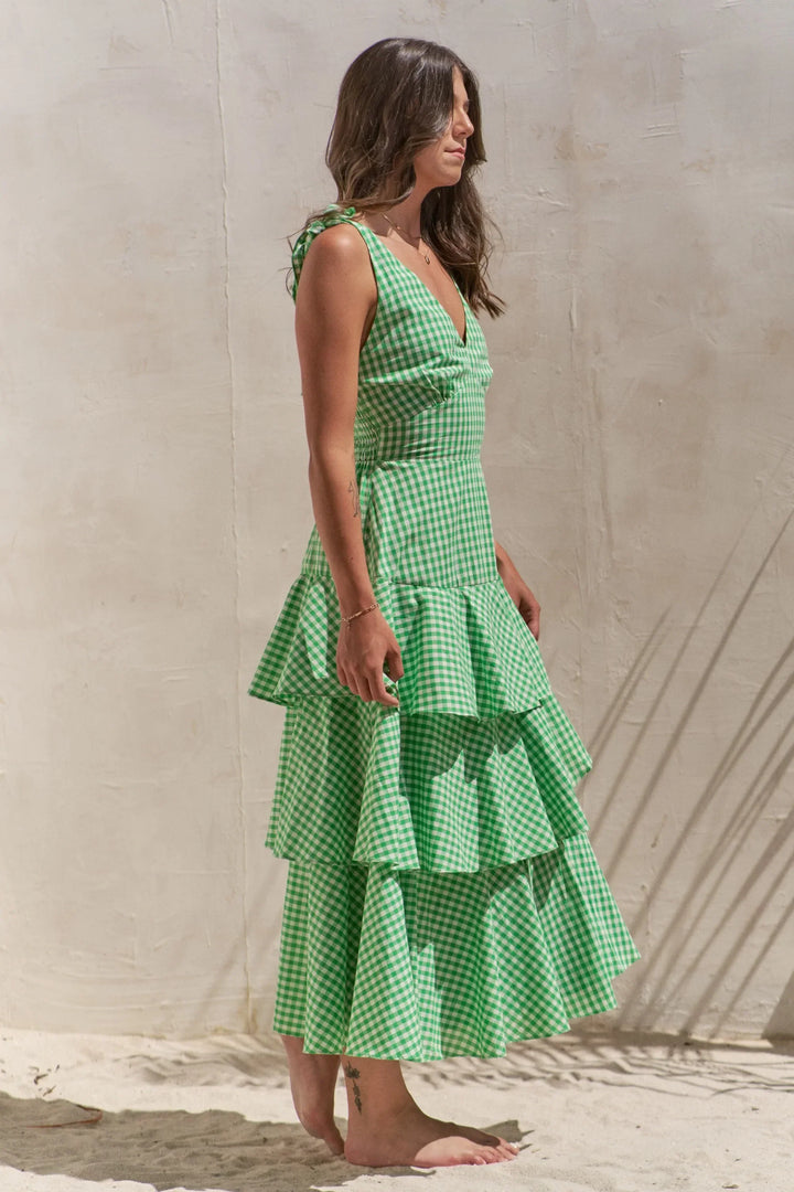 Women's Dresses - Jade By Jane Full Size Sleeveless Gingham Print Tiered Midi Dress Plus Size - - Cultured Cloths Apparel