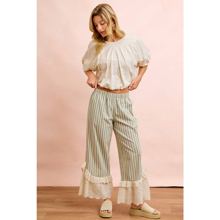 Pants - STRIPE WOVEN RUFFLED LACE HEM PANTS WITH SIDE POCKET - - Cultured Cloths Apparel
