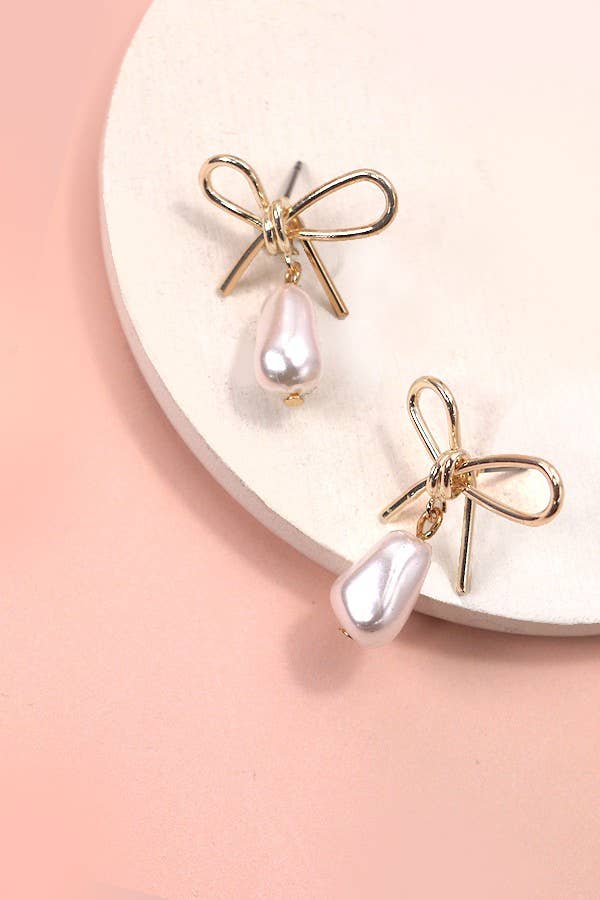 Accessories, Earrings - PEARL DANGLE GOLD BOW DROP EARRINGS | 80E2800 - - Cultured Cloths Apparel